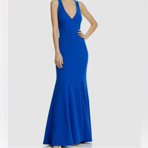 AQUA FORMAL Stretch Bow-Back V Neck Full-Length Formal Evening Gown Dress 0 Blue - Picture 3 of 8